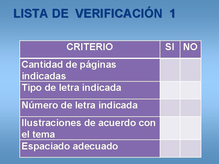 LISTA DE VERIFICACIÓN 1 CRITERIO SI NO Cantidad de páginas indicadas Tipo de letra