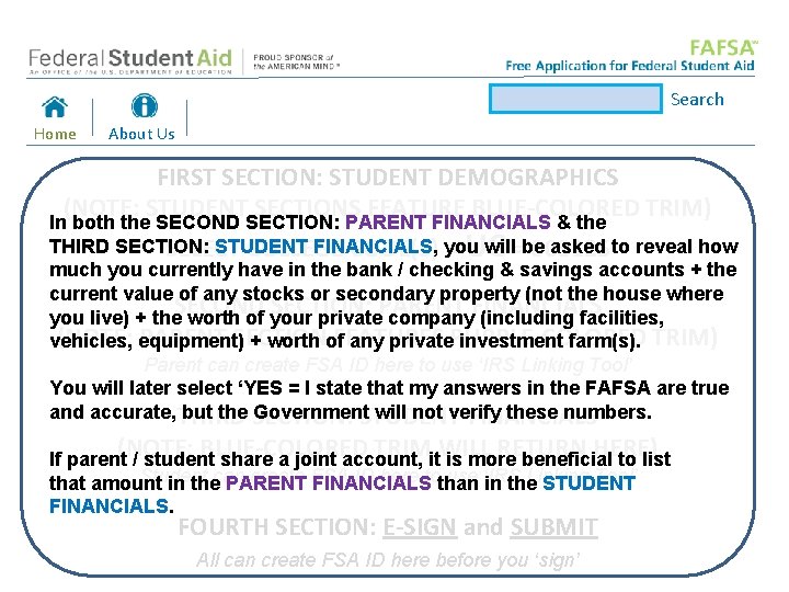 Search Home About Us FIRST SECTION: STUDENT DEMOGRAPHICS (NOTE: STUDENT SECTIONS FEATURE BLUE-COLORED TRIM)