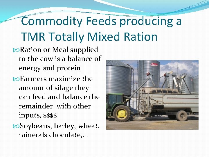 Commodity Feeds producing a TMR Totally Mixed Ration or Meal supplied to the cow