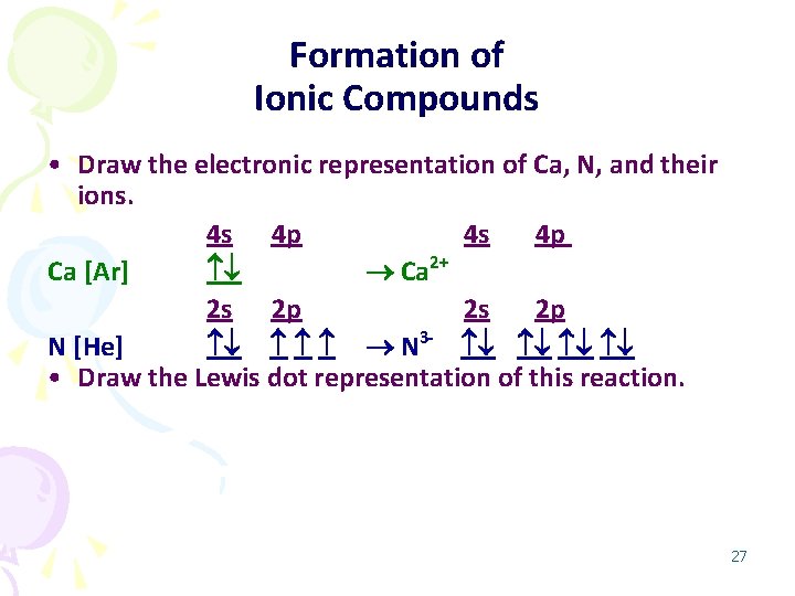 Formation of Ionic Compounds • Draw the electronic representation of Ca, N, and their