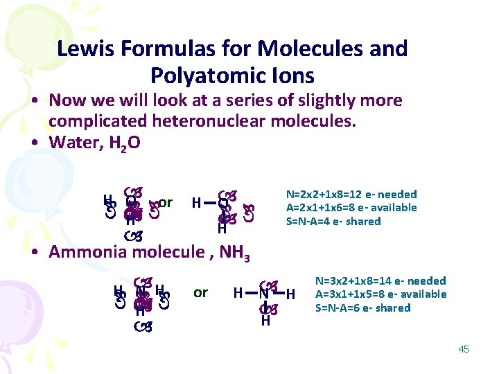 Lewis Formulas for Molecules and Polyatomic Ions • Now we will look at a
