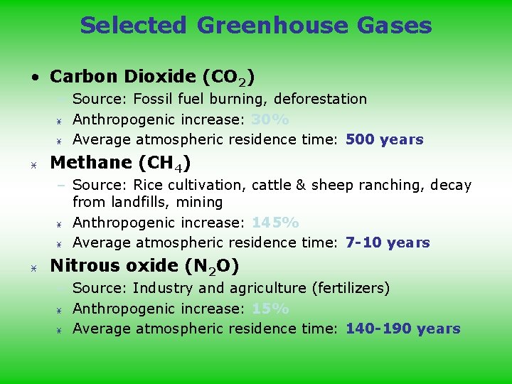Selected Greenhouse Gases • Carbon Dioxide (CO 2) – Source: Fossil fuel burning, deforestation