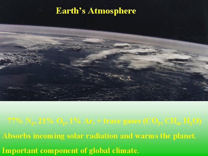 Earth’s Atmosphere 77% N 2, 21% O 2, 1% Ar, + trace gases (CO