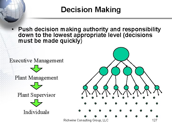 Decision Making • Push decision making authority and responsibility down to the lowest appropriate