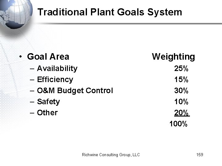 Traditional Plant Goals System • Goal Area – – – Weighting Availability Efficiency O&M