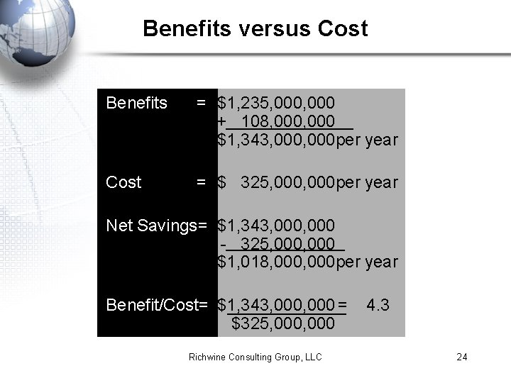 Benefits versus Cost Benefits = $1, 235, 000 + 108, 000 $1, 343, 000
