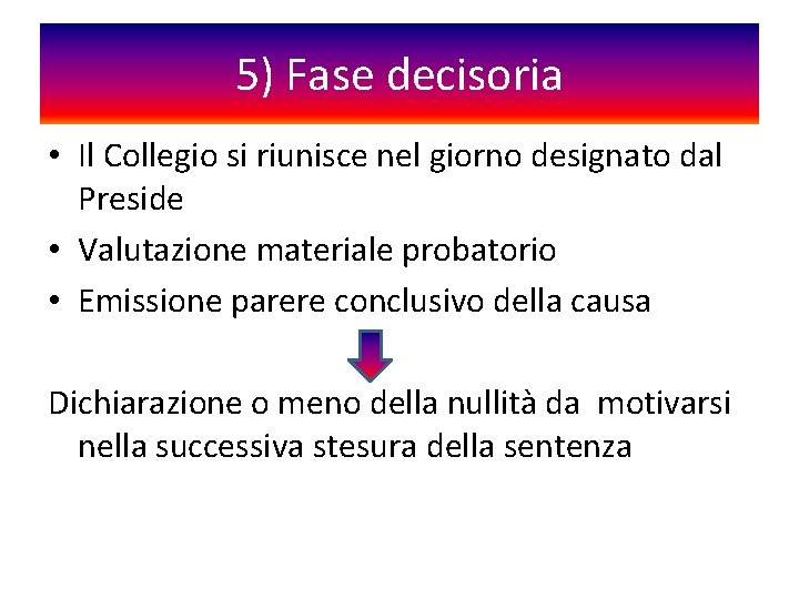 5) Fase decisoria • Il Collegio si riunisce nel giorno designato dal Preside •