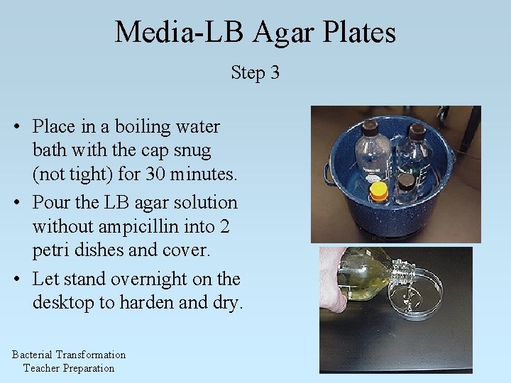 Media-LB Agar Plates Step 3 • Place in a boiling water bath with the
