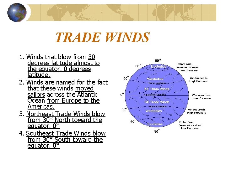 TRADE WINDS 1. Winds that blow from 30 degrees latitude almost to the equator,