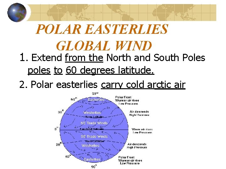 POLAR EASTERLIES GLOBAL WIND 1. Extend from the North and South Poles poles to