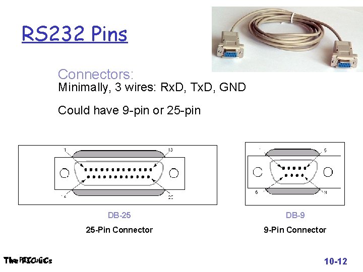 RS 232 Pins Connectors: Minimally, 3 wires: Rx. D, Tx. D, GND Could have