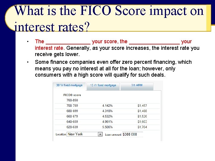 What is the FICO Score impact on interest rates? • • The ________ your