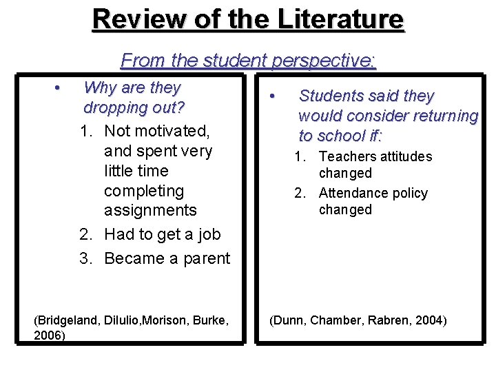 Review of the Literature From the student perspective: • Why are they dropping out?