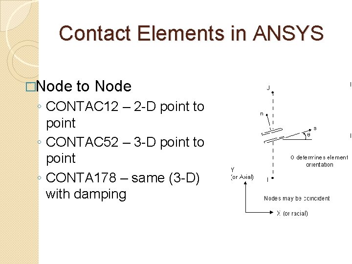 Contact Elements in ANSYS �Node to Node ◦ CONTAC 12 – 2 -D point