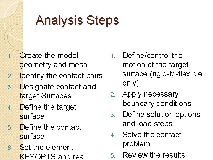 Analysis Steps 1. 2. 3. 4. 5. 6. Create the model geometry and mesh