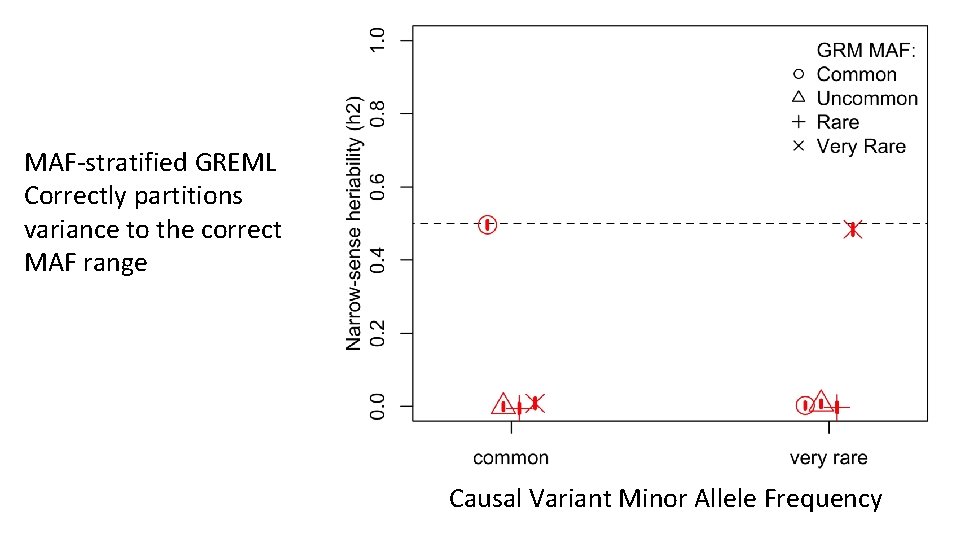 MAF-stratified GREML Correctly partitions variance to the correct MAF range Causal Variant Minor Allele
