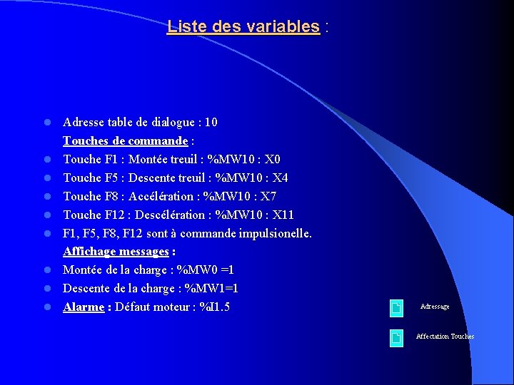 Liste des variables : l l l l l Adresse table de dialogue :