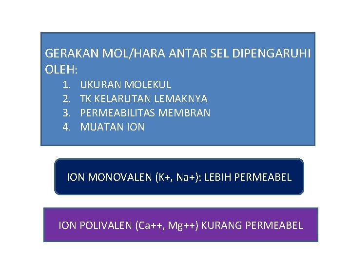 GERAKAN MOL/HARA ANTAR SEL DIPENGARUHI OLEH: 1. 2. 3. 4. UKURAN MOLEKUL TK KELARUTAN