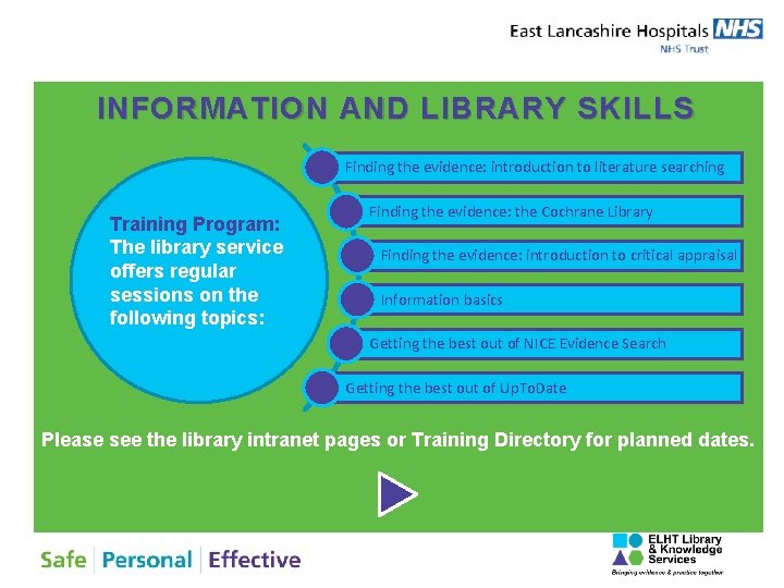 INFORMATION AND LIBRARY SKILLS Finding the evidence: introduction to literature searching Training Program: The