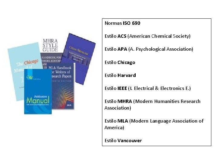 Normas ISO 690 Estilo ACS (American Chemical Society) Estilo APA (A. Psychological Association) Estilo