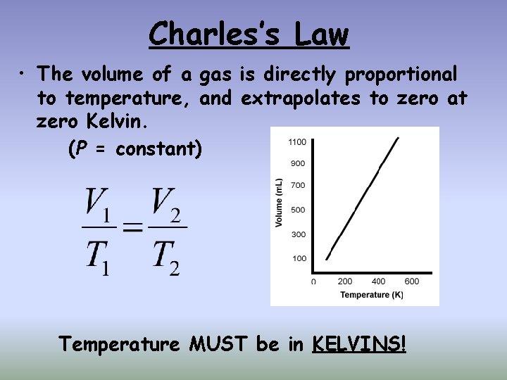 Charles’s Law • The volume of a gas is directly proportional to temperature, and
