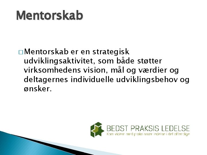 Mentorskab � Mentorskab er en strategisk udviklingsaktivitet, som både støtter virksomhedens vision, mål og