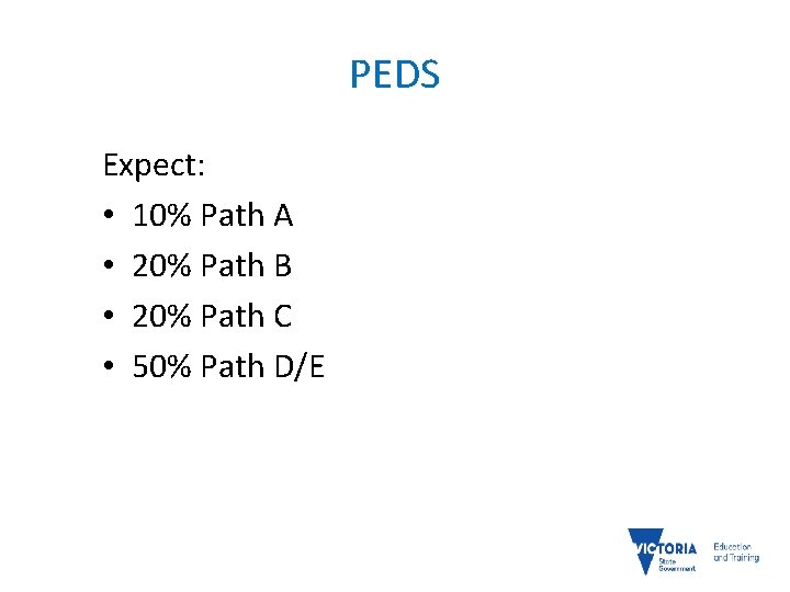 PEDS Expect: • 10% Path A • 20% Path B • 20% Path C
