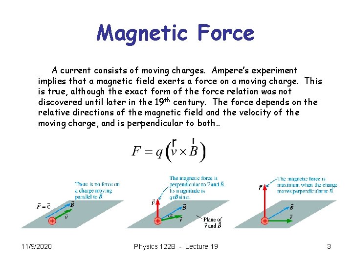 Magnetic Force A current consists of moving charges. Ampere’s experiment implies that a magnetic