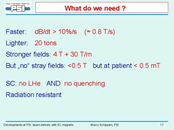 What do we need ? Faster: d. B/dt > 10%/s (≈ 0. 8 T/s)