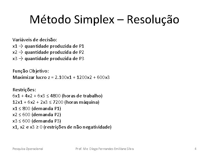 Método Simplex – Resolução Variáveis de decisão: x 1 → quantidade produzida de P