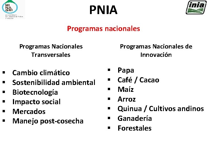 PNIA Programas nacionales Programas Nacionales Transversales § § § Cambio climático Sostenibilidad ambiental Biotecnología