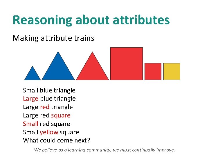 Reasoning about attributes Making attribute trains Small blue triangle Large red square Small yellow