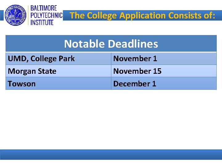 The College Application Consists of: Notable Deadlines UMD, College Park Morgan State Towson November