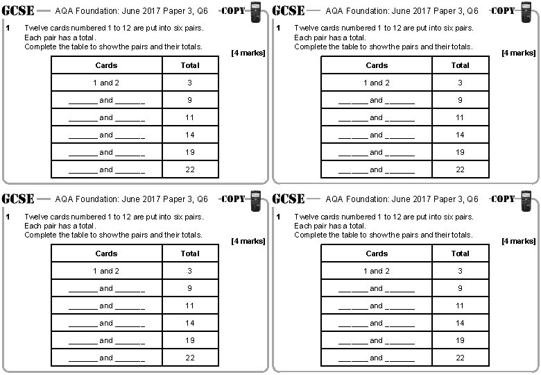 AQA Foundation: June 2017 Paper 3, Q 6 1 Twelve cards numbered 1 to