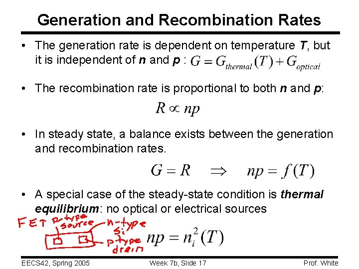 Generation and Recombination Rates • The generation rate is dependent on temperature T, but