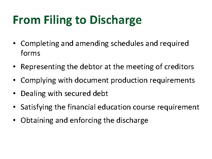 From Filing to Discharge • Completing and amending schedules and required forms • Representing