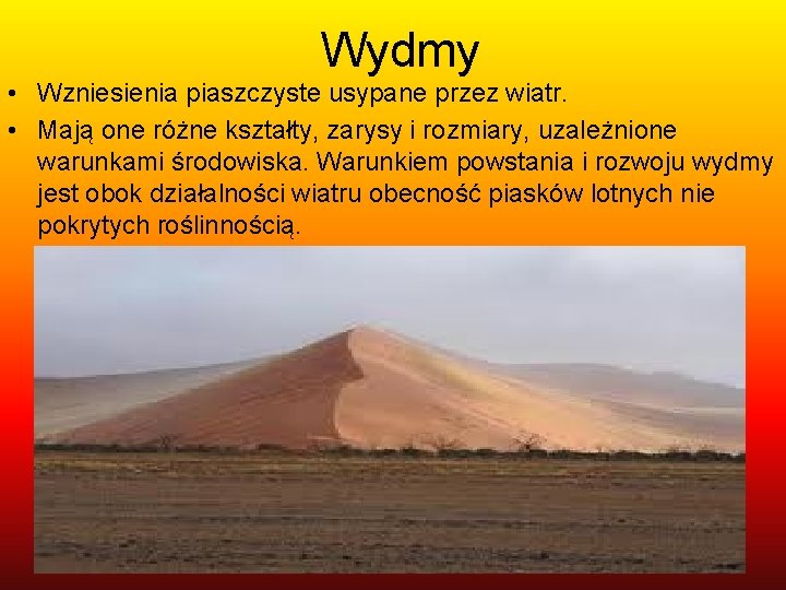 Wydmy • Wzniesienia piaszczyste usypane przez wiatr. • Mają one różne kształty, zarysy i Wydmy • Wzniesienia piaszczyste usypane przez wiatr. • Mają one różne kształty, zarysy i