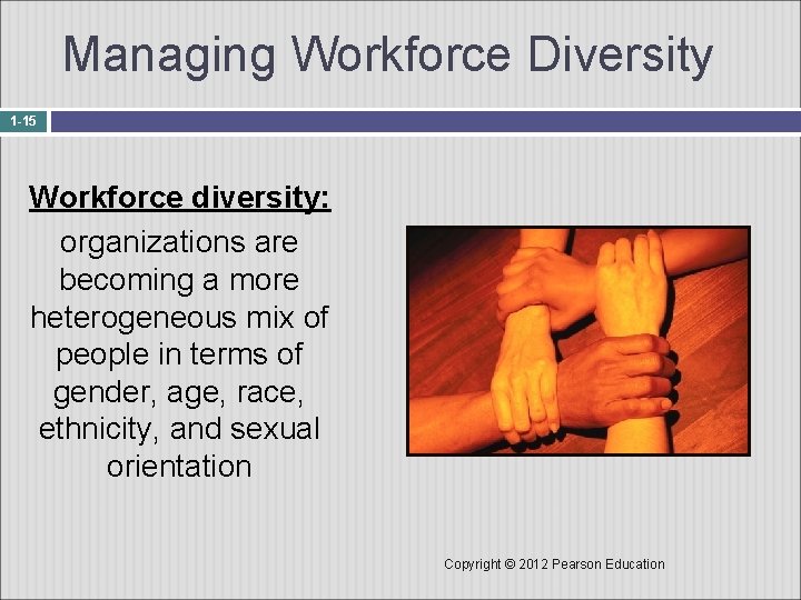 Managing Workforce Diversity 1 -15 Workforce diversity: organizations are becoming a more heterogeneous mix