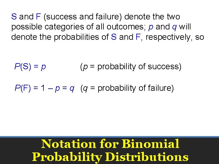 S and F (success and failure) denote the two possible categories of all outcomes;