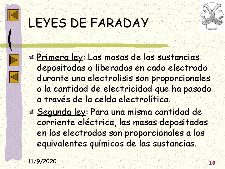 LEYES DE FARADAY Primera ley: Las masas de las sustancias depositadas o liberadas en