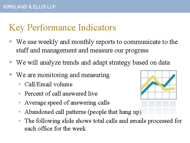 KIRKLAND & ELLIS LLP Key Performance Indicators § We use weekly and monthly reports
