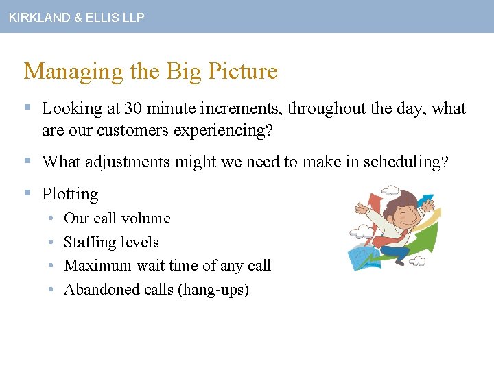 KIRKLAND & ELLIS LLP Managing the Big Picture § Looking at 30 minute increments,