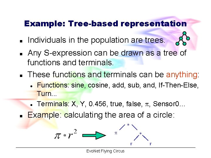 Example: Tree-based representation n Individuals in the population are trees. Any S-expression can be