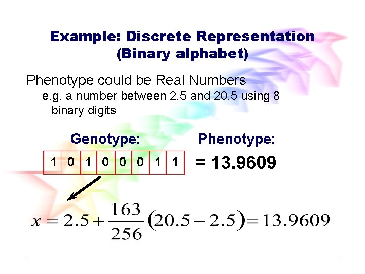 Example: Discrete Representation (Binary alphabet) Phenotype could be Real Numbers e. g. a number