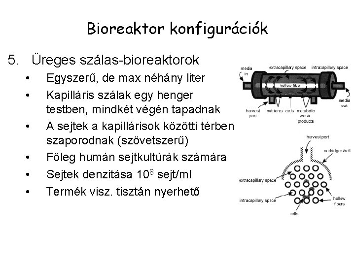 Bioreaktor konfigurációk 5. Üreges szálas-bioreaktorok • • • Egyszerű, de max néhány liter Kapilláris
