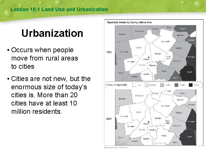 Lesson 10. 1 Land Use and Urbanization • Occurs when people move from rural