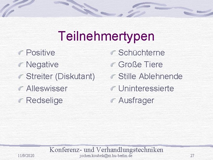 Teilnehmertypen Positive Negative Streiter (Diskutant) Alleswisser Redselige Schüchterne Große Tiere Stille Ablehnende Uninteressierte Ausfrager