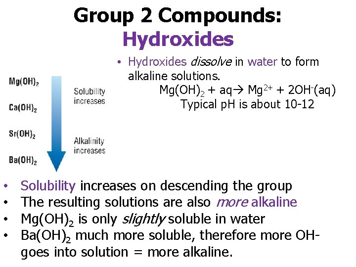 Group 2 Compounds: Hydroxides • Hydroxides dissolve in water to form alkaline solutions. Mg(OH)2