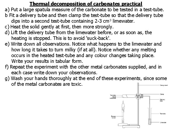 Thermal decomposition of carbonates practical a) Put a large spatula measure of the carbonate