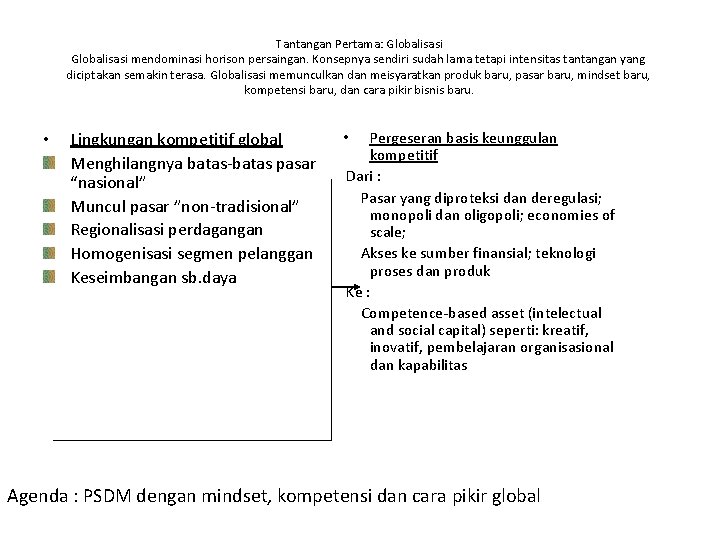 Tantangan Pertama: Globalisasi mendominasi horison persaingan. Konsepnya sendiri sudah lama tetapi intensitas tantangan yang